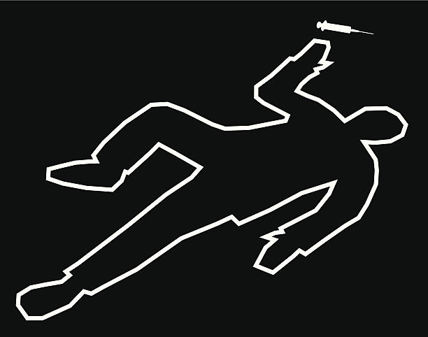 Body Outline Drug Overdose Vector illustration of a tape outline of a dead body with a syringe next to it's hand against a black background. chalk outline stock illustrations