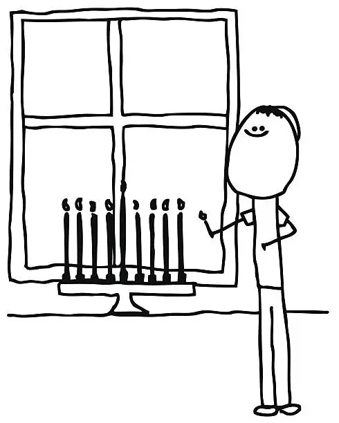 Vector illustration of Stick Man Lights Menorah