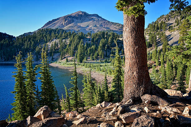 湖ヘレン・ラッセンピーク,ラッセン natl 公園 - lassen volcanic national park ストックフォトと画像