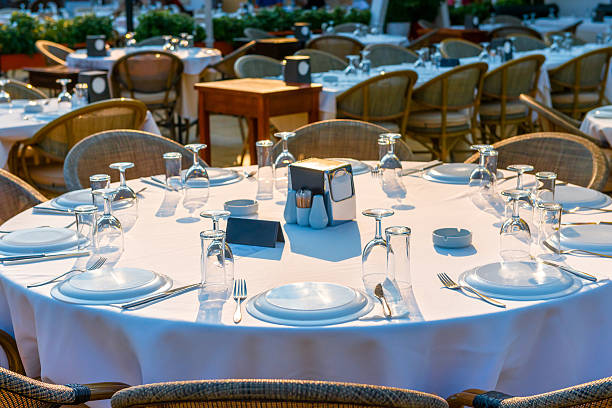 istock round outdoor tables covered for guests 521294299