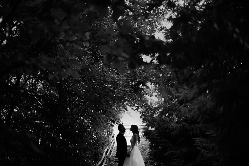 Black and white photo of young married couple standing face to face in the forest and holding hands.
