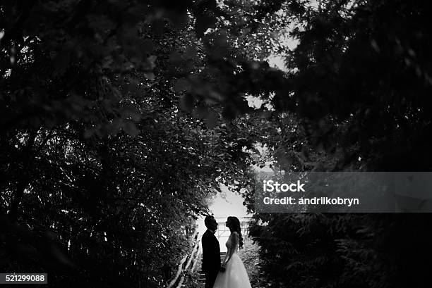 Black And White Photo Of Young Married Couple Standing In Stock Photo - Download Image Now