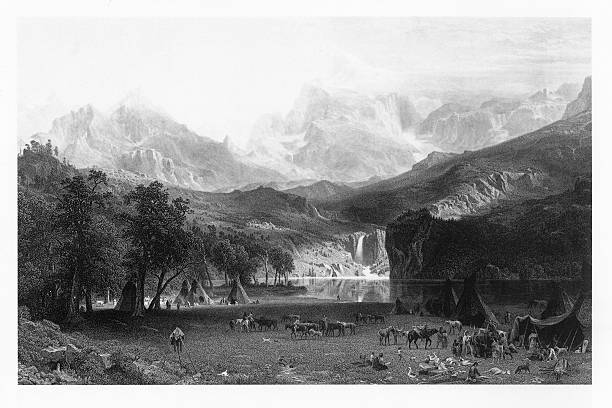 ilustraciones, imágenes clip art, dibujos animados e iconos de stock de lander's pico de las montañas rocosas de colorado victoriana grabado - old fashioned scenics engraving river