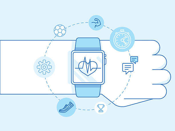 Vector illustration in trendy linear style and blue colors Vector illustration in trendy linear style and blue colors - smart watch and fitness tracker concepts - hand with sport signs wrist exercise stock illustrations