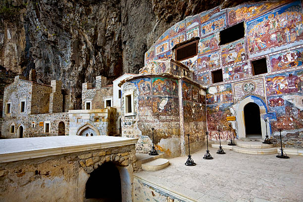 Greek Orthodox Sumela Monastery Turkey. Region Macka of Trabzon city - the Sumela Monastery (1600 year old Greek Orthodox monastery of the Panaghia). Rock Church - the inner and outer walls are decorated with frescoes sumela monastery stock pictures, royalty-free photos & images
