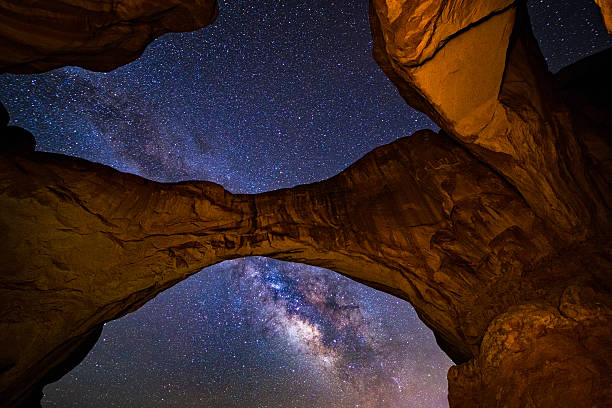 Double Arch Milky Way Galaxy Arches National Park Utah Double Arch Milky Way Galaxy Arches National Park Utah - Landscape scenic in icon national park of double arch formation with sky and stars above.  Arches National Park, Utah USA. natural bridges national park photos stock pictures, royalty-free photos & images