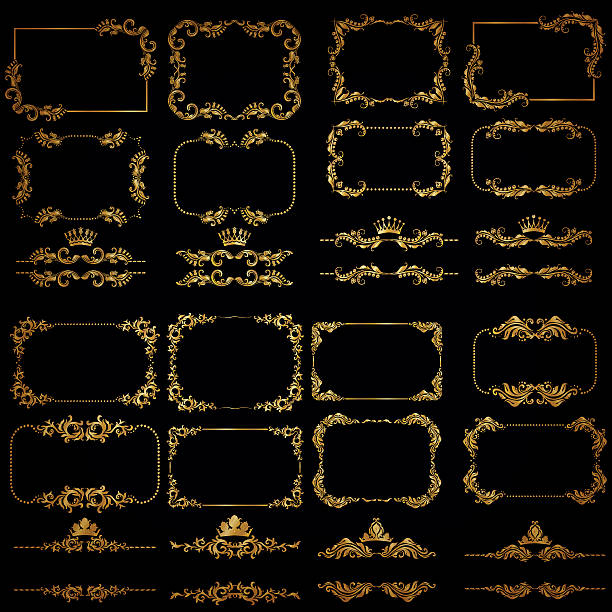 ilustrações de stock, clip art, desenhos animados e ícones de vector conjunto de molduras decorativas de ouro, moldura - victorian style banner angle swirl