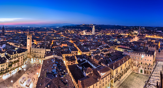 Night aerial view of Verona, panoramic photo with a view from the tower lamberti