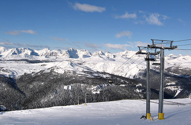 istock Ski resort overlooking snow covered mountains. 521306738