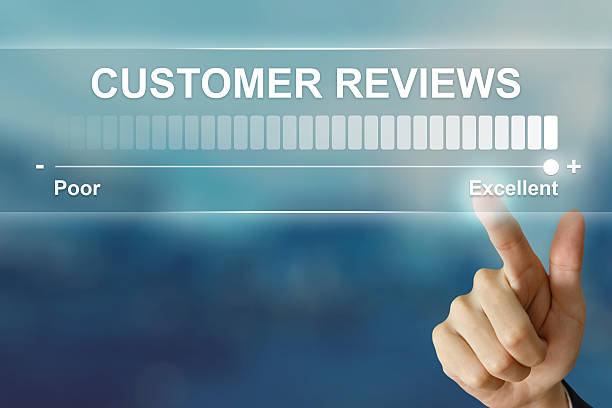 business hand clicking excellent customer reviews stock photo