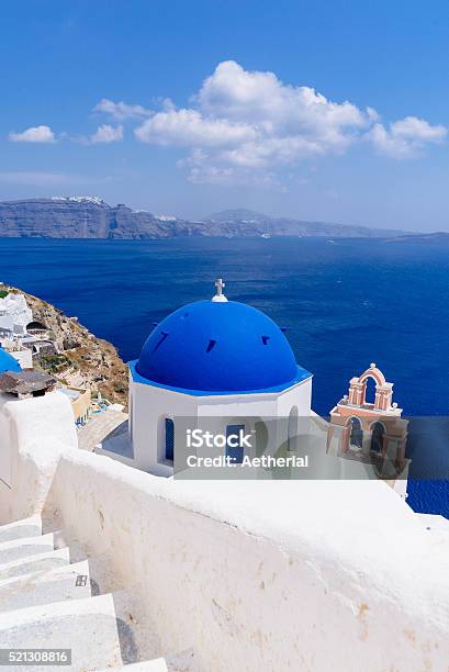 Famous Santorini Blue Dome Churches Stock Photo - Download Image Now - Aegean Sea, Architectural Dome, Architecture