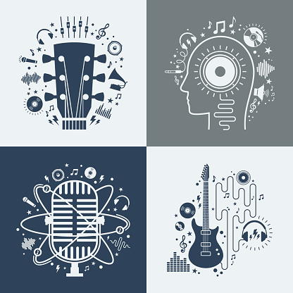 Set of vector music illustrations. Vector music icons for audio store, recording studio label, podcast and radio station, branding and identity. Creativity and inspiration music icons
