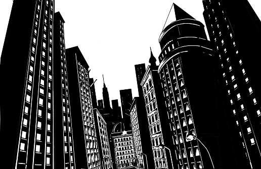 Drawing of city in black with white background