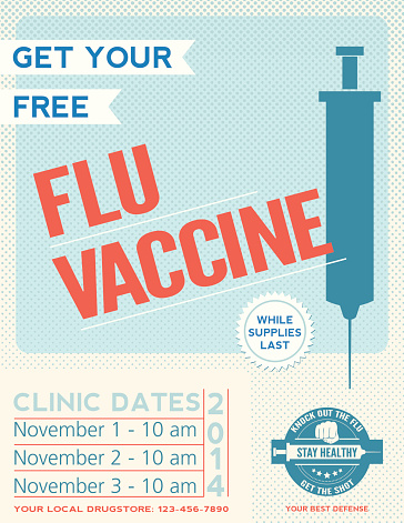 Flu Shot Clinic Poster. There is a syringe at right with room for your dates at the left. There is a badge with a fist at the bottom.