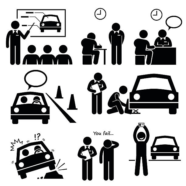 mężczyzna jazdy samochodem z uzyskaniem licencji lekcji w szkole - silhouette student school learning stock illustrations