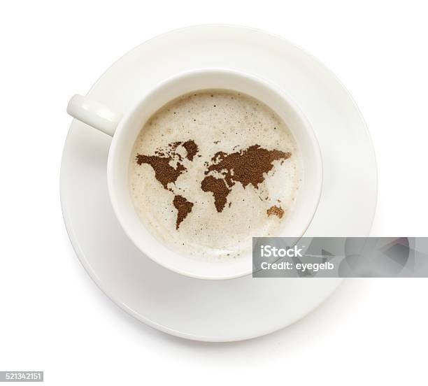 Coffeecup With Powder In The Shape Of World Stock Photo - Download Image Now - Coffee - Drink, Globe - Navigational Equipment, World Map