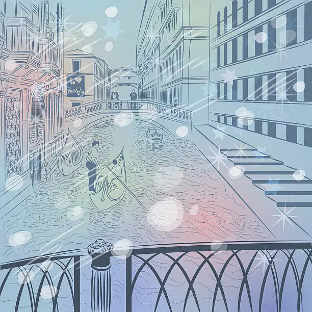 Vector illustration of vector winter Christmas cityscape with Bridge of Sighs in Venice