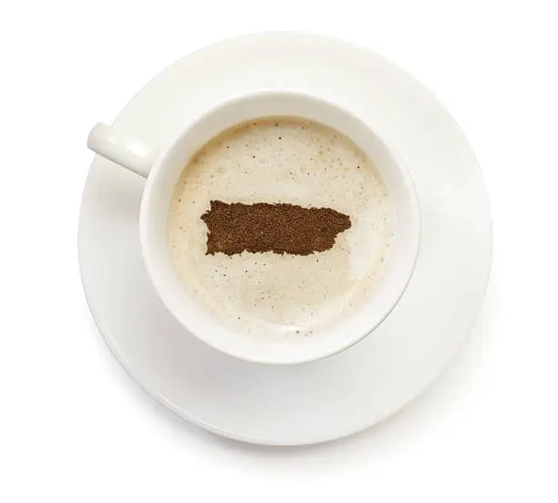 A top shot of a cup of coffee with froth and powder in the shape of Puerto Rico (South).(series)   How about having a break :)