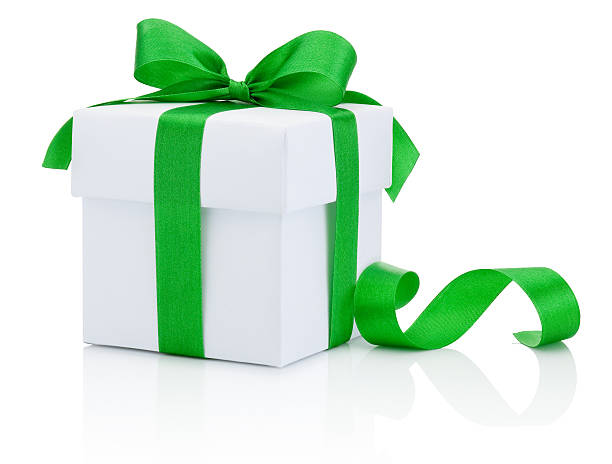 istock White box tied green ribbon bow Isolated on white background 521344947
