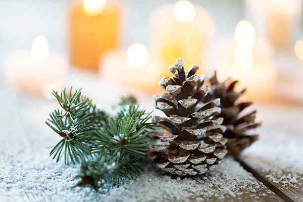 christmas ornaments, fir branches and pine cone, covered with artificial snow,  burning candles in background, on rustic wood, selective focus, taken with Canon 5D MarkIII, available light for natural mood