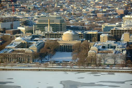 Aerial view of Great Dome of Massachussets Institute of Technology (MIT) in winter, Cambridge, Massachusetts, USA