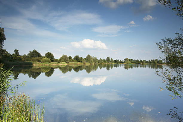 istock Lake with sky, clouds and trees reflected in the water 521348527