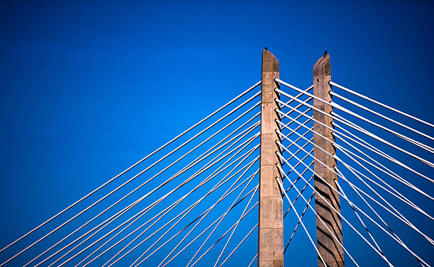 Rope bridge piers stretching on blue sky background