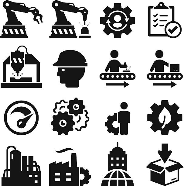 illustrazioni stock, clip art, cartoni animati e icone di tendenza di serie di icone-nero di produzione - manufacturing