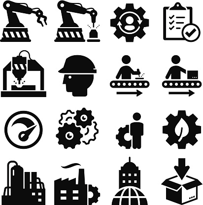 Manufacturing plant and factory icons. Vector icons for video, mobile apps, Web sites and print projects. 