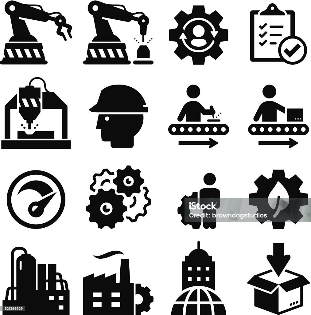 Manufacturing Icons - Black Series Manufacturing plant and factory icons. Vector icons for video, mobile apps, Web sites and print projects.  Icon Symbol stock vector