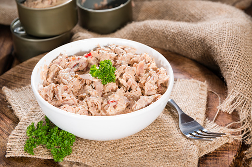 Portion of Tuna salad in a small bowl (close-up shot)
