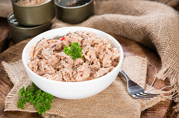 Portion of Tuna salad Portion of Tuna salad in a small bowl (close-up shot) seafood salad stock pictures, royalty-free photos & images