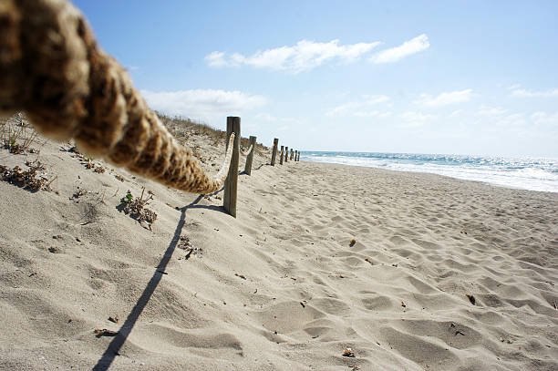 A beach scene with a classic rope fence at the beach. Blue skies on a sunny day. At the island of Formentera. Part of the balearen in the mediterranean.