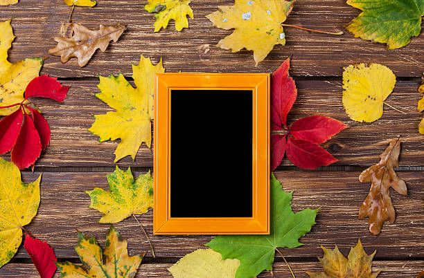 istock Autumn leafs and frame for photo on wooden table. 521371773