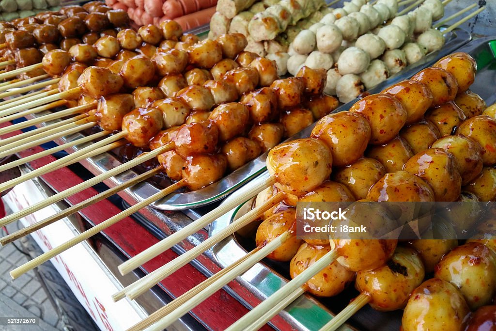 grilled meat balls grilled meat balls streetfood in bangkok thailand Appetizer Stock Photo