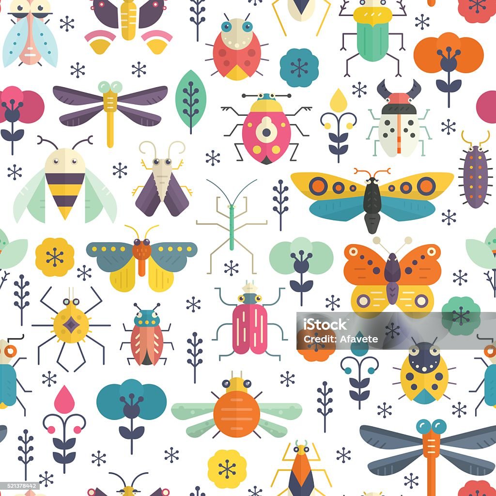 Bug Pattern Vector seamless geometric pattern with bugs and insects on blue background with texture. Colorful seamless design. Insect stock vector