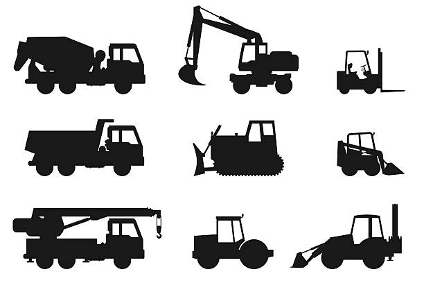 ilustraciones, imágenes clip art, dibujos animados e iconos de stock de siluetas de máquinas de construcción. - bulldozer dozer construction equipment construction machinery