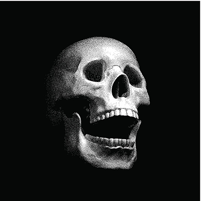 Mezzotint of a laughing human skull avatar.  Isolated on black background.