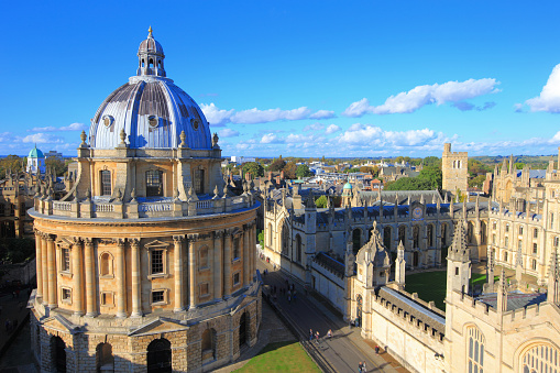 Cambridge, UK- August 20, 2014:  The Panorama of King's College and Senate House, seen from the tower of Saint Mary's Church.