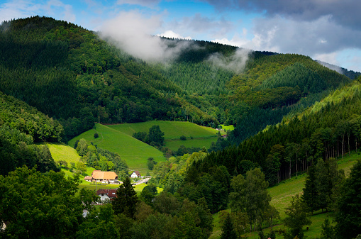 Landscape in the Black Forest area of Germany. Spots of sunlight shine through openings in rainclouds. Traditional houses are seen on the hills.