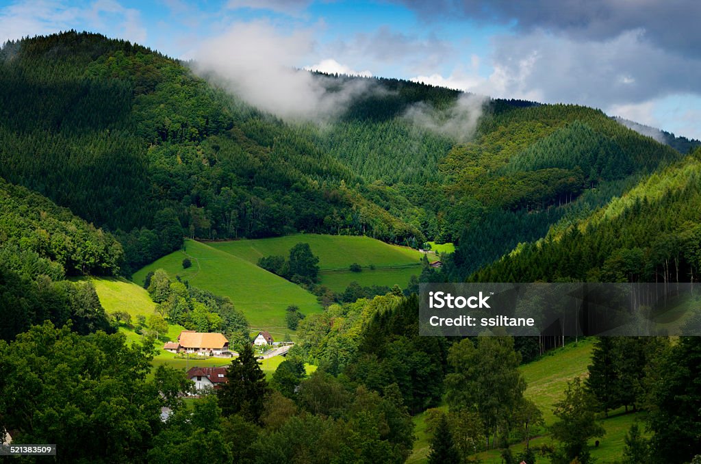 Black Forest Germany Landscape in the Black Forest area of Germany. Spots of sunlight shine through openings in rainclouds. Traditional houses are seen on the hills. Black Forest - Germany Stock Photo
