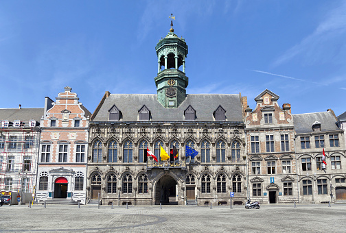 Gothic style City Hall and it's renaissance bell tower on the Grand Place square in Mons, Belgium
