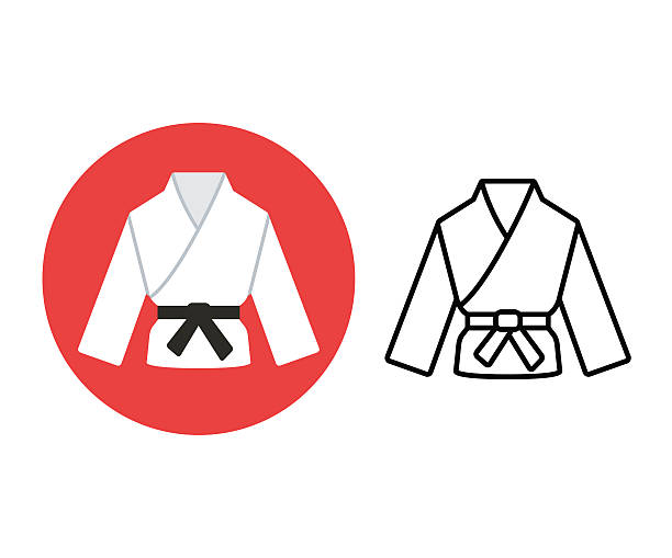 Martial arts icon Martial arts icon. Two variants, flat color and line icon. Karate or judo uniform (gi) with black belt. karate stock illustrations