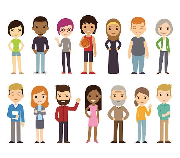 Cartoon diverse people Set of diverse vector people. Men and women, young and old, different poses. Cute and simple modern flat cartoon style. cartoon people stock illustrations
