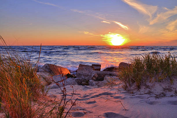 해질녘까지 플라주 - travel destinations lake michigan freshwater standing water 뉴스 사진 이미지