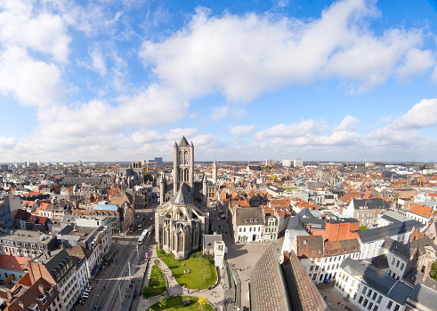 Aerial view of Ghent from Belfry - roofs and beautiful medieval buildings. Ghent is a city and a municipality located in the Flemish region of Belgium.