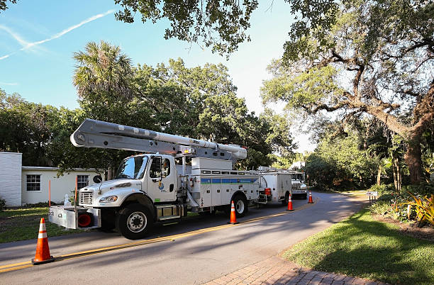Florida Power and Light trucks parked on a residential street stock photo