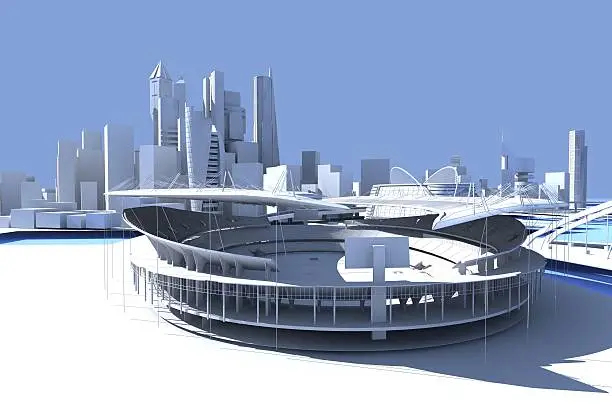 3D computer rendered illustration city skyline in front the Stadion and blue background