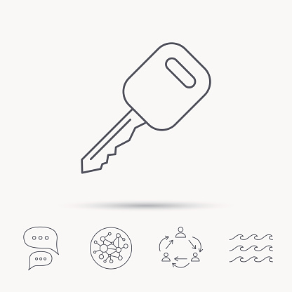 Car key icon. Transportat lock sign. Global connect network, ocean wave and chat dialog icons. Teamwork symbol.