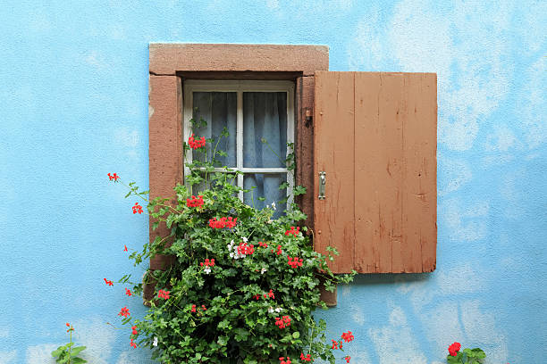 Alsace - Medieval house with blue facade and beautiful window with flower decoration in Ribeauville. Ribeauville is located between the Vosges mountains and the Rhine valley. Town of the Route des Vin's d'Alsace (Alsatian wineroad). Alsace, France.